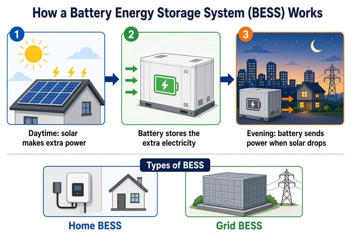 Infographic showing how a Battery Energy Storage System works: at noon solar panels charge the battery with spare power, and in the evening the battery discharges to power the home and support the grid.