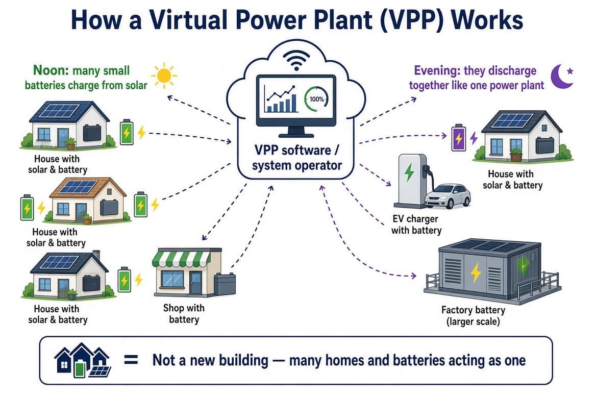Infographic showing how a Virtual Power Plant works: homes with solar and batteries, shops, factories and EV chargers connected through a cloud control system that coordinates them as one power plant.